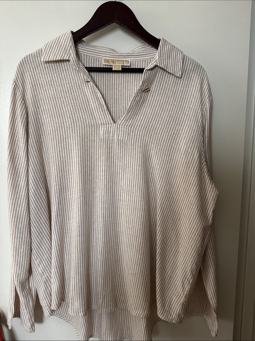 MICHAEL Michael Kors Cream and Tan Striped Collared Top